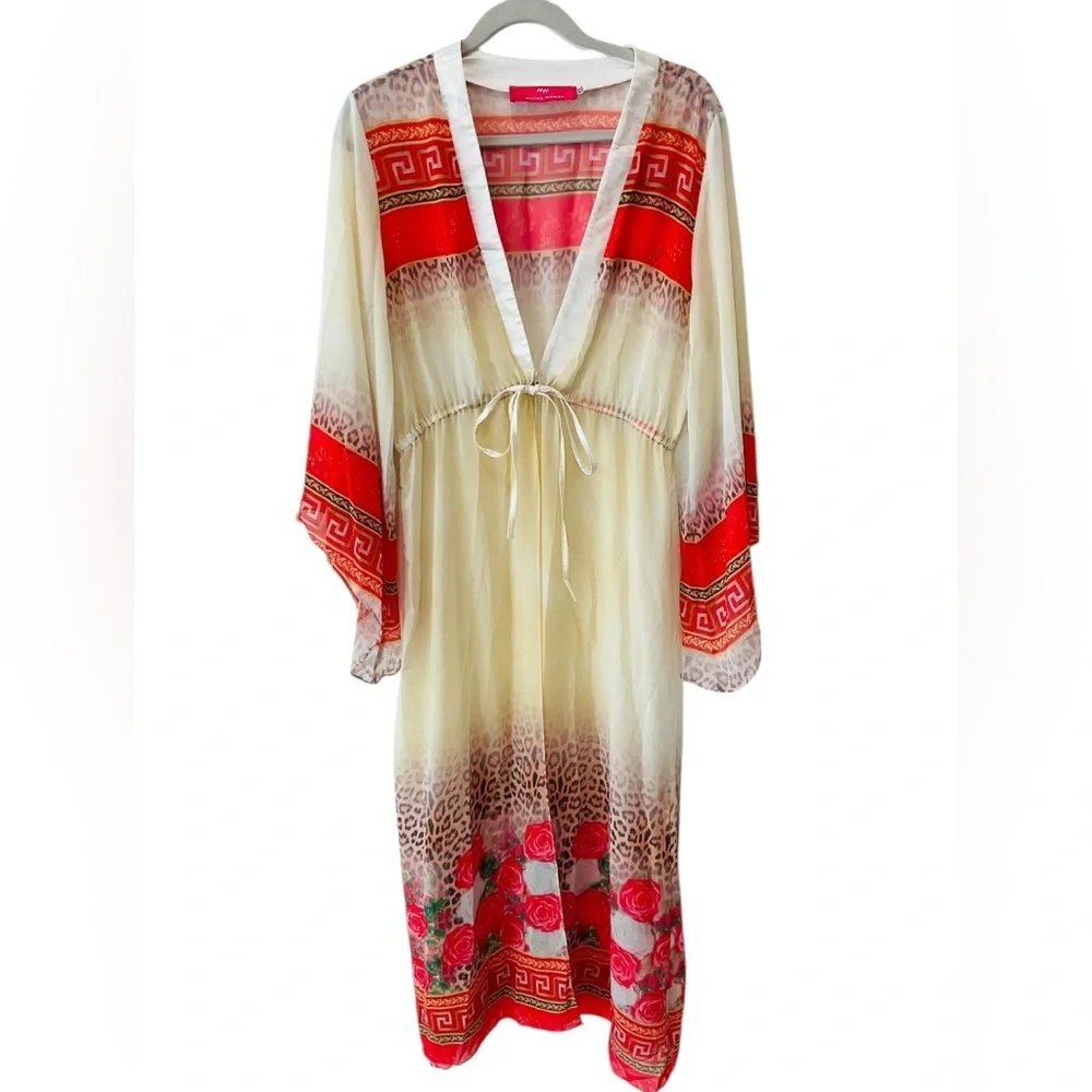 Boho Sheer Kaftan Kimono Dress Cover Up Leopard Rose Print Grecian Border Medium - Picture 4 of 8